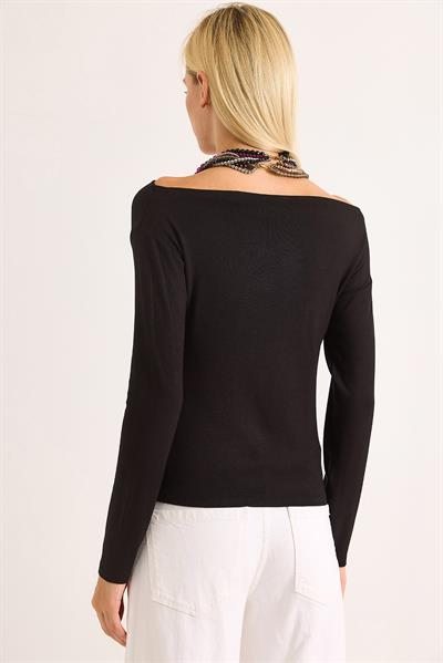 Kadın Geniş Yaka Uzun Kollu Bluz Siyah