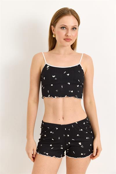 Croplu Kalp Baskılı Rahat Pijama Takımı Sİyah