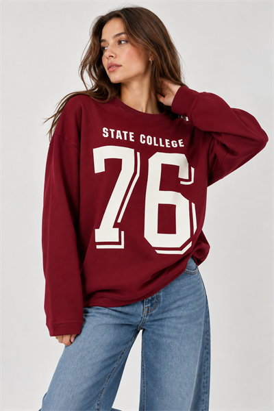 Kadın Baskılı Bisiklet Yaka Sweattshirt Bordo