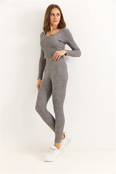 Kadın Esnek Tayt Crop Takım Gri