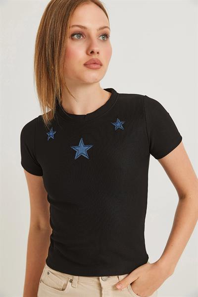Yıldız Detaylı Fitilli Kısa Kollu Crop Bluz Siyah