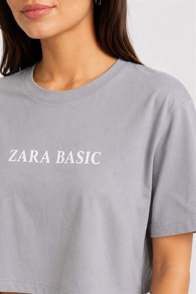 Kadın Zra Baskılı Crop Tshirt Gri
