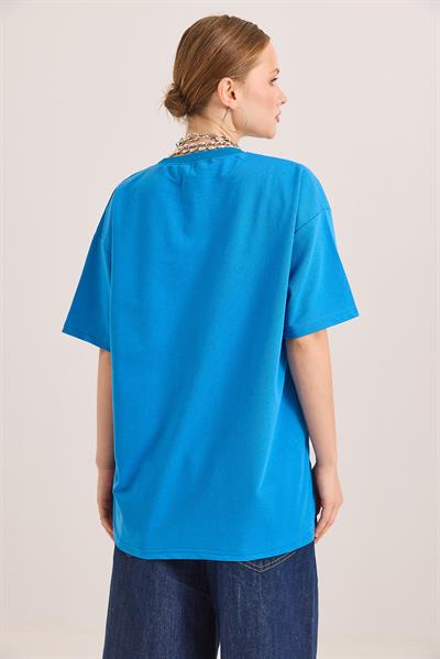Oversize Bisiklet Yaka Basic Tshirt Mavi