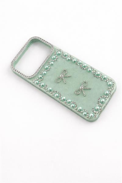 İphone 17 Pro Max Uyumlu Taş Detaylı Telefon Kılıfı Yeşil