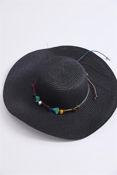 Etnik Boncuk Detaylı Kadın Hasır Şapka Siyah