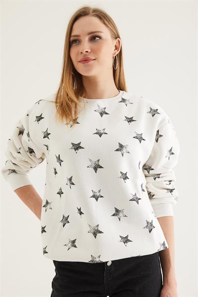 Yıldız Baskılı Oversize Şardonlu Sweatshirt Siyah