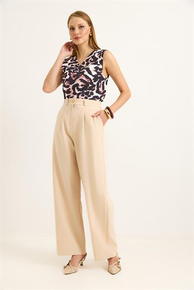 V Yaka Sıfır Kol Kadın Bluz Leopar