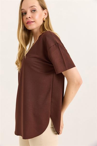 V Yaka Arkası Uzun Basic Tshirt Kahverengi