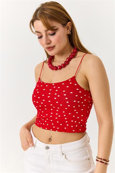 Kadın Askılı Puantiyeli Crop Bluz Kırmızı