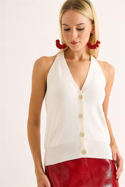 Kadın Düğmeli Triko Yelek Beyaz