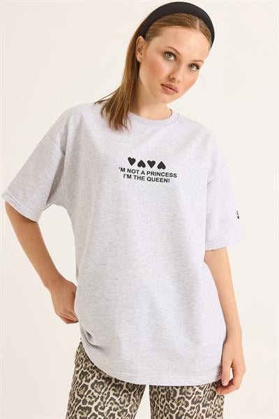 Bisiklet Yaka Baskılı Oversize Tshirt Gri
