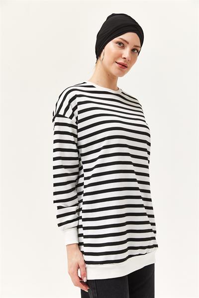 Çizgili Oversize Tunik Siyah