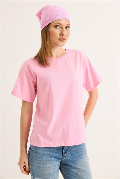 Bisiklet Yaka Kısa Kollu Fit Tshirt Pembe