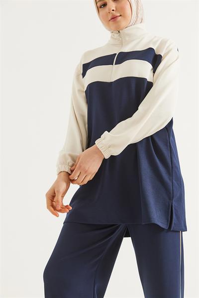 Yaka Fermuarlı Garnili Oysho Kumaş Takım Lacivert