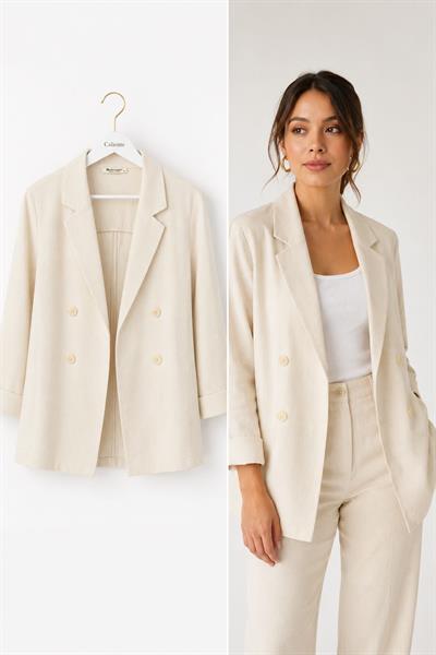 Kadın Kruvaze Yaka Oversize Blazer Ceket Taş