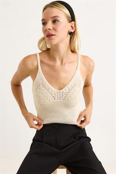 Örgülü Triko Askılı Crop Bluz