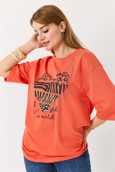 Kadın Kalp Baskılı Bisiklet Yaka Tshirt Nar Çiçeği