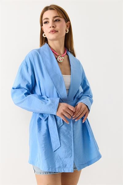Kadın  Kruvaze Yaka Beli Kuşaklı İnce Yazlık Ceket Mavi