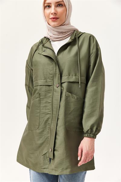 Çıtçıtlı Kapüşonlu Yağmurluk Haki