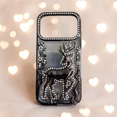 İphone 17 Pro Uyumlu Geyik ve Çiçek Kabartmalı Kılıf Siyah