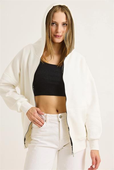 Kadın Oversize Kapüşonlu Fermuarlı Hırka Beyaz
