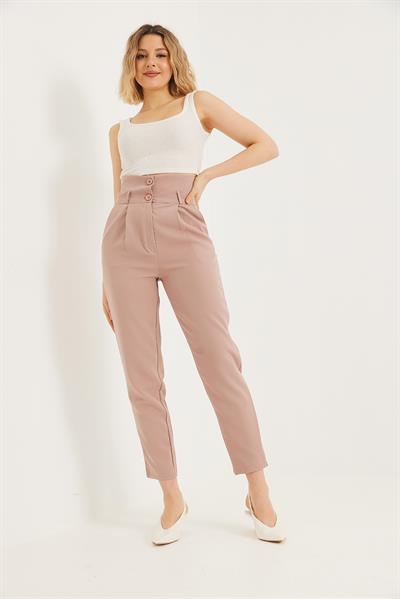 Çift Düğmeli Yüksek Bel Palazzo Pantolon Sütlü Kahve