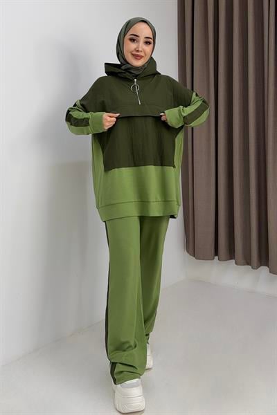 Kadın Beli Lastikli Yarım Fermuarlı Oversize Kpüşonlu Eşofman Takım Yeşil
