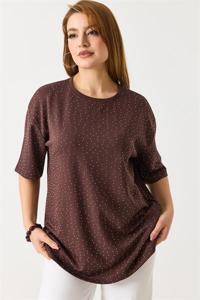 Kadın Taş Detaylı Bisiklet Yaka Oversize Tshirt Kahverengi