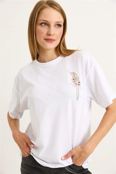 Taş Baskılı Kuş Motifli Bisiklet Yaka Tshirt Beyaz