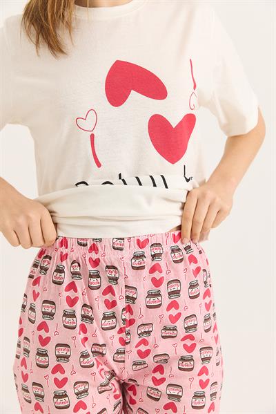 Bisiklet Yaka Beli Lastikli Pijama Takım Pembe