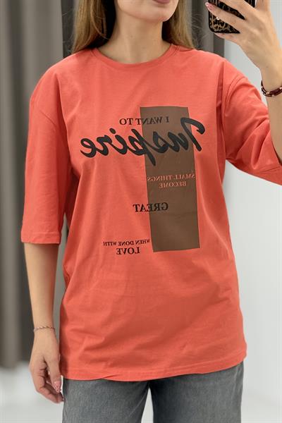 Kadın Yazı Baskılı Bisiklet Yaka Tshirt Turuncu