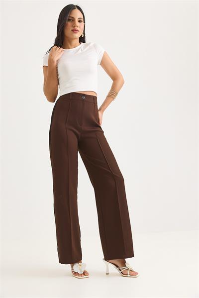 Yanları Şeritli Yüksek Bel Bol Paça Pantolon Kahverengi