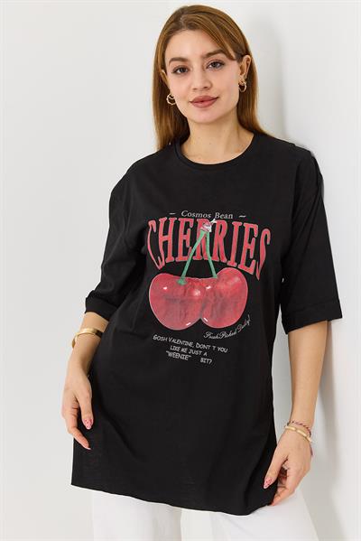Kadın Kiraz Baskılı Yanları Yırtmaçlı Bisiklet Yaka Tshirt  Siyah