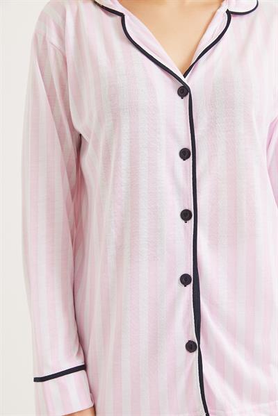 Düğmeli Uzun Kollu Pijama Takımı Pembe