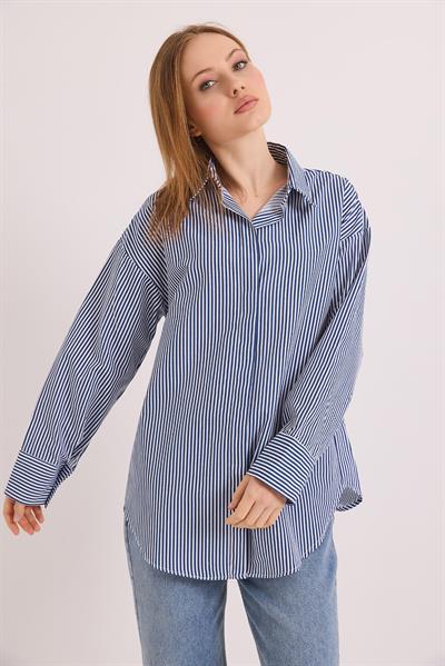 Çizgili Oversize Basic Gömlek Lacivert