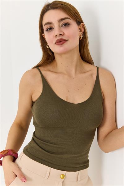 Kadın Triko Basic Haki V yaka Askılı Bluz