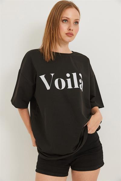 Voila Baskılı Oversize İki İplik Tshirt Siyah