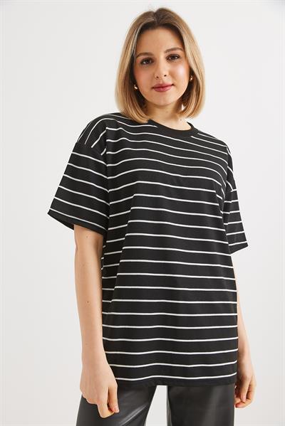 Çizgili İki İp Bayan Tshirt Siyah