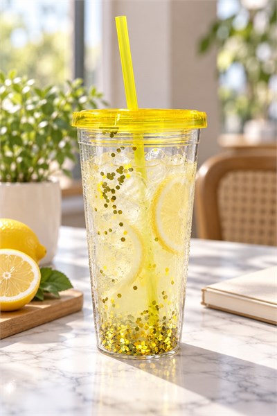 LED Işıklı Simli Pipetli Bardak Sarı