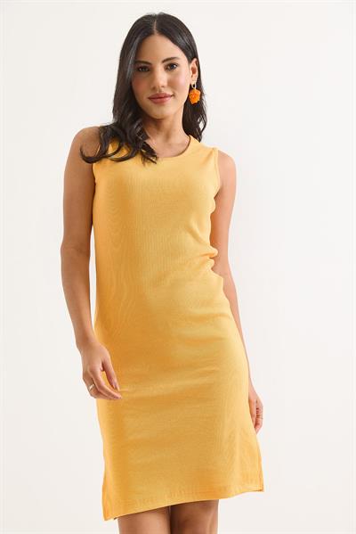 Sıfır Kol Kaşkorse Yırtmaçlı Midi Elbise Sarı