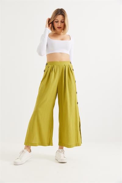 Yanları  Düğmeli  Bol Kesim Keten Pantolon  Yeşil