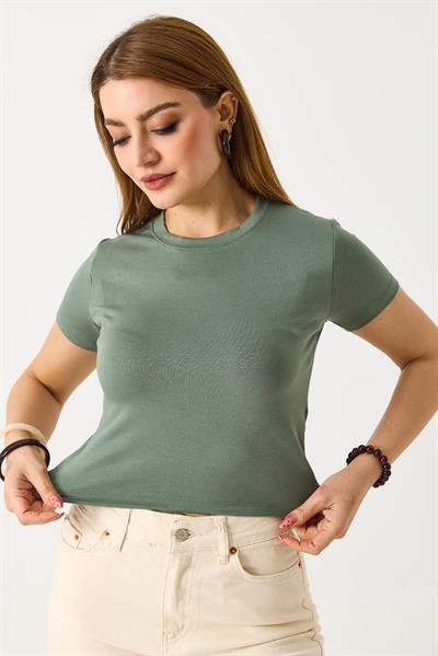 Kadın Bisiklet Yaka Düz Crop Bluz Yeşil