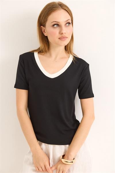 V Yaka  Kısa Kollu Kadın Kısa Tshirt Siyah