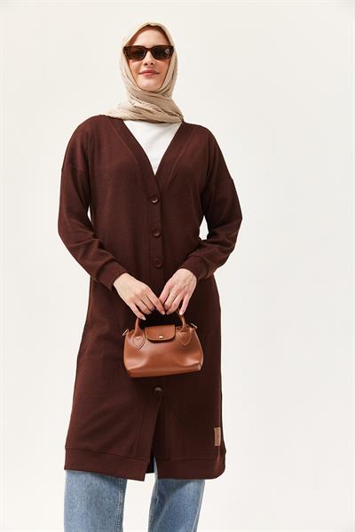 Düğmeli Triko Uzun Hırka Kahverengi