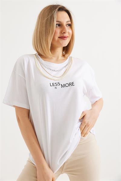 Aksesuar Detaylı Kadın Basic Tshirt Beyaz