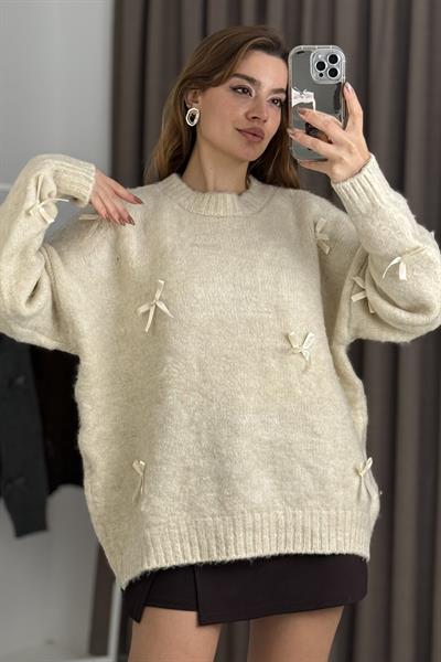 Kadın Kurdele Detaylı Oversize Triko Kazak Ekru