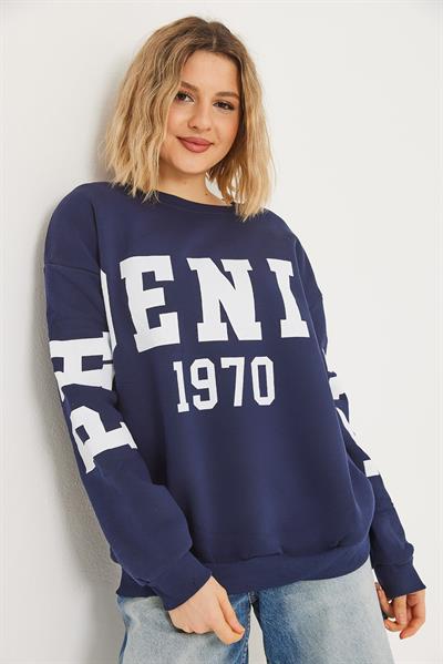 Üç İplik Baskılı Kapüşonlu Sweatshirt Lacivert