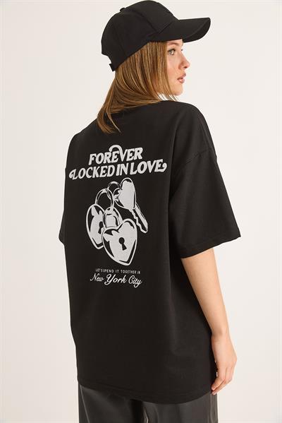 Baskılı Oversize İki İplik Tshirt Siyah