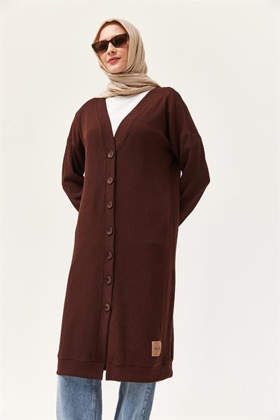 Düğmeli Triko Uzun Hırka Kahverengi