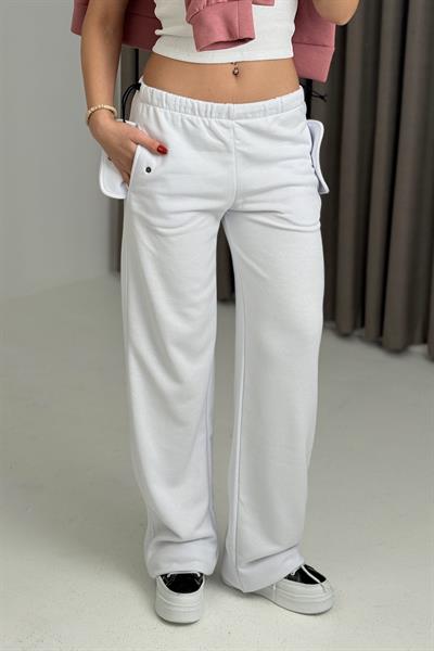 Rahat Kesim Cepli Beli Lastikli Eşofman Altı Beyaz